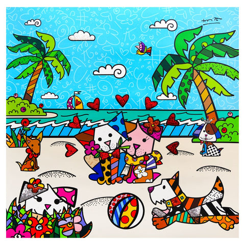 Romero Britto- Print on canvas with Diamond Dust hand embellishments "Palm Beach Dogs"