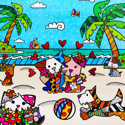 Romero Britto- Print on canvas with Diamond Dust hand embellishments "Palm Beach Dogs" -2