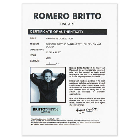 Romero Britto- Original Acrylic Painting with Oil Pen on Mat Board "Happiness Collection" -2