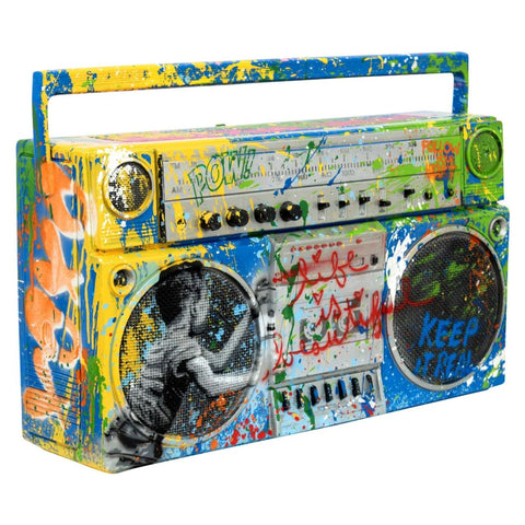Mr. Brainwash- Stencil and Mixed Media on Fiberglass Sculpture with Metal base "Boombox, 2026"
