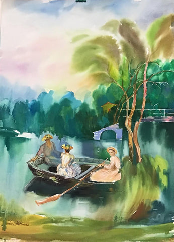 Zina Roitman- Original Watercolor "Sunday at the lake "