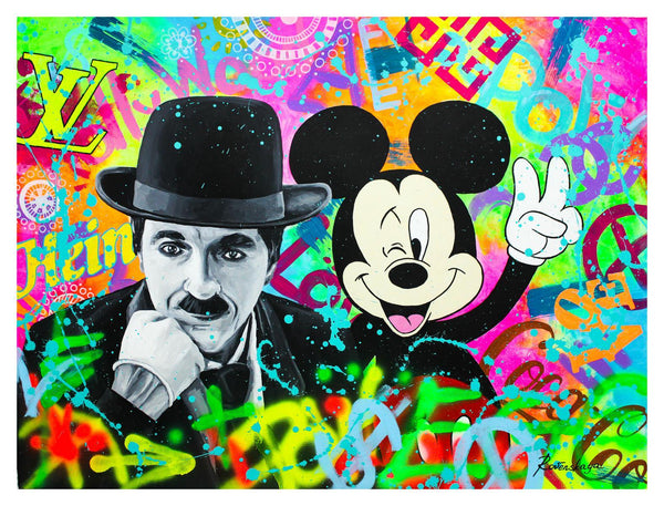 Nastya Rovenskaya- Original Oil on Canvas "Chaplin & Mickey Mouse"