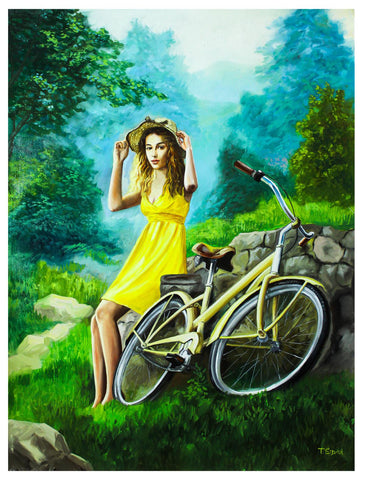 Taras Sidan- Original Oil on Canvas "Woman Riding Bicycle in Park"