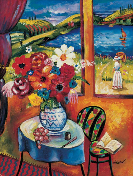 Oleg Nikulov- Original Giclee on Canvas "Flower Vase with Countryside View"