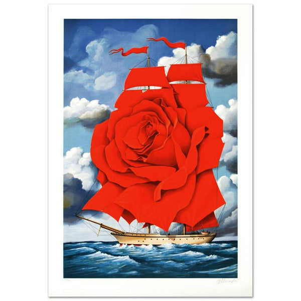 Rafal Olbinski- Hand Pulled Original Lithograph "Red Rose Ship"