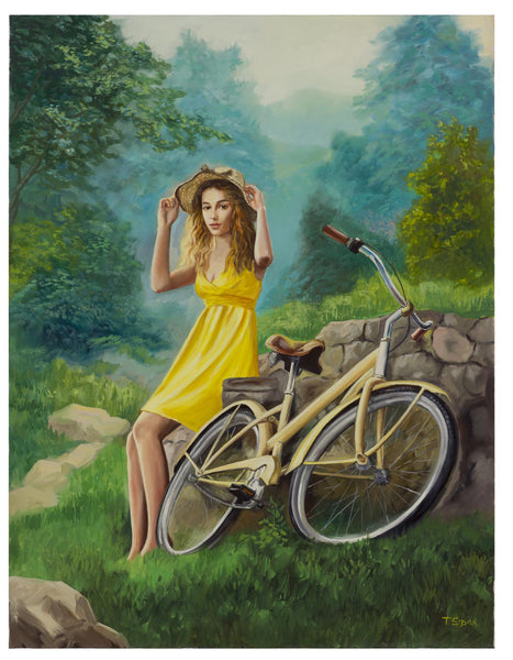 Taras Sidan- Original Giclee on Canvas "Woman Riding Bicycle in Park"